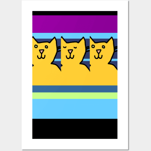 Blinking Yellow Cats on Stripes Posters and Art